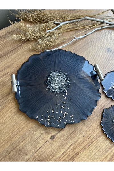 Sultan Tasarım Silver Leaf Round Wavy Epoxy Presentation Tray Coaster Set for Two Promise Engagement Groom