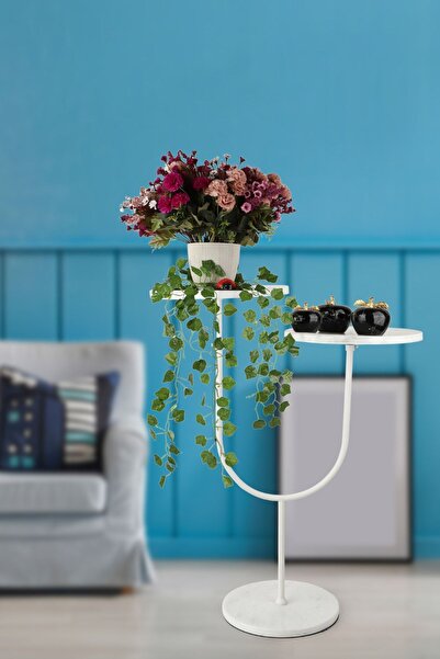 Begüsa Nano 2.li Sehpa Beyaz Mermer Ahşap