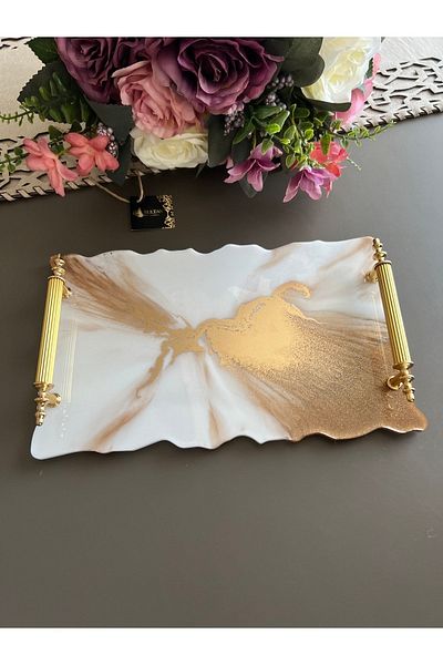 Sultan Tasarım Rectangular Wavy Patterned Epoxy Presentation Tray for Two Promise Engagement Groom