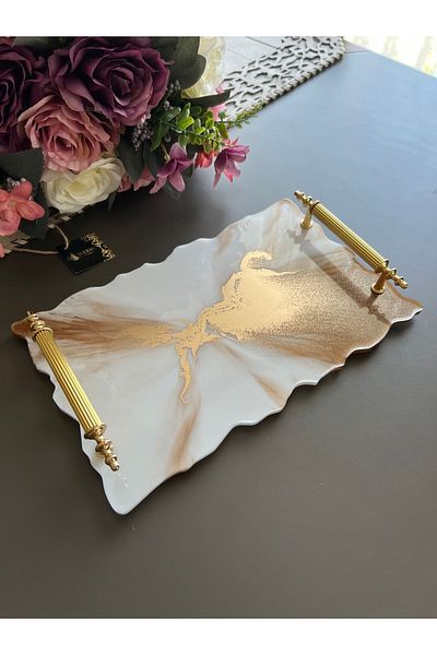 Sultan Tasarım Rectangular Wavy Patterned Epoxy Presentation Tray for Two Promise Engagement Groom