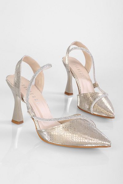 Shoeberry Wilda Stilettos für Damen, goldenes Wabenmuster und Paspelstein