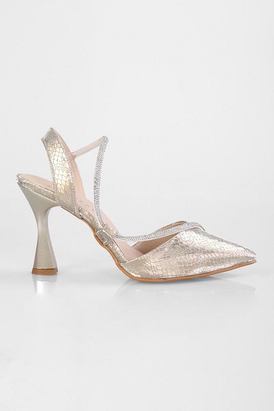 Shoeberry Wilda Stilettos für Damen, goldenes Wabenmuster und Paspelstein