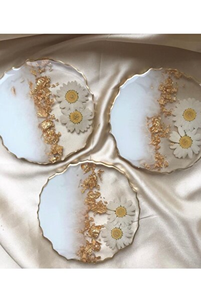 Sultan Tasarım Set of 4 Epoxy Coasters with Real Dried Daisy