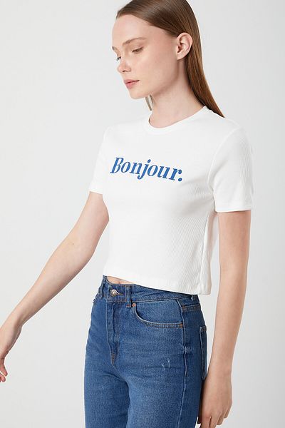 Mixray Γυναικείο T-Shirt από βαμβακερό Crop Bonjour Printed 1086