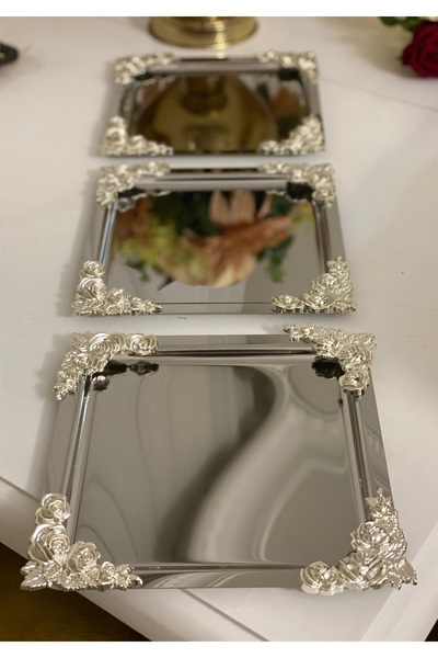 Genel Markalar PASLANMAZ ÇELİK GÜMÜŞ DÖRT KENAR GÜLLÜ 3 ADET SERVİS VE SUNUM TEPSİSİ LÜX