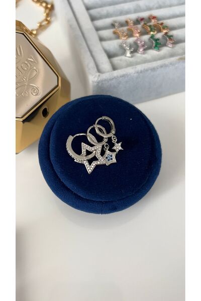 SU PERİSİ TAKI BİJUTERİ Gümüş 3 lü Mavili Yıldız Set Küpe