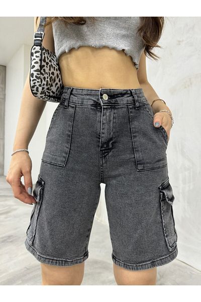 BİKELİFE High Waist Stretchy Damen Jeans - Rauch, Cargotasche, Bermudashorts
