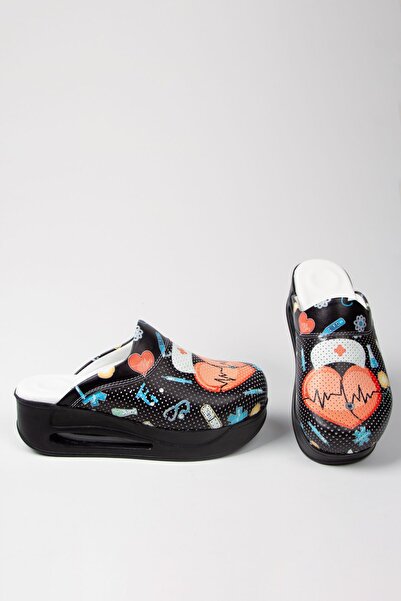 Dr Hegeli Ортопедичні тапочки для медсестер з серцевим візерунком, на підборах, з повітряною підошвою, чорні