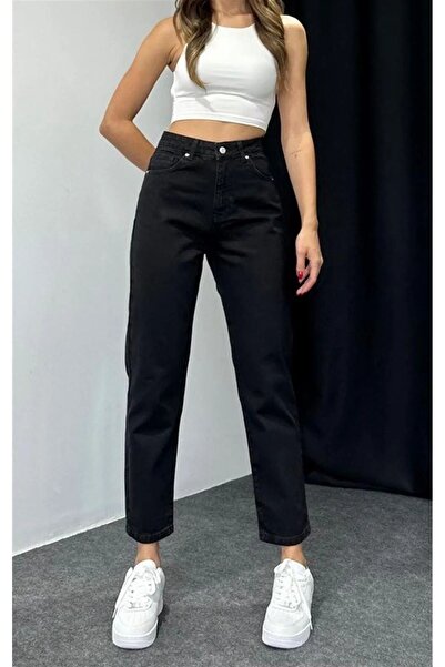 ByCukurovaFrango Ženske Visok struk crne pantalone Sa likrom Mom farmerke s o...