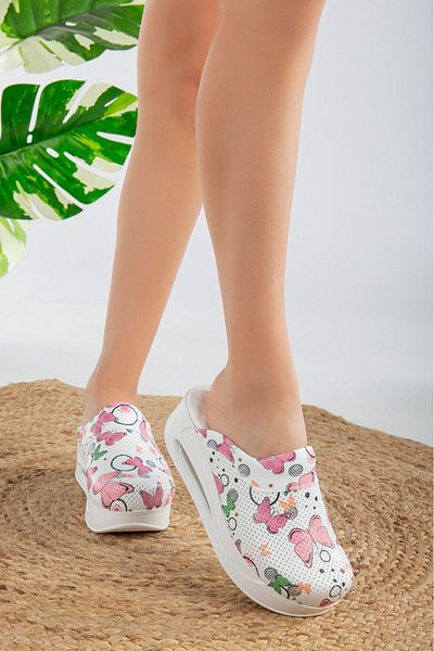 SABOTERLİK Butterfly Patterned Air Sole Wedge Heels Orthopedic Hospital Nurse Women's Sabo Slippers