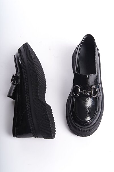 Shoesers Дамски черни мокасини Ежедневни обувки Оксфорд с дебела подметка и катарама с верижка