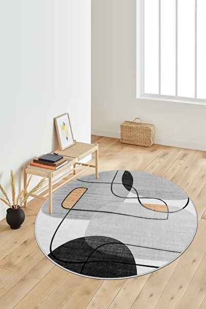 Lavita Home Dijital Baskı Yıkanabilir Kaymaz Gri Yuvarlak Salon Halısı Mutfak...