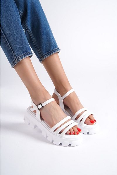 Shoesers Women's Wedge Heeled Thin Strap Thick Sole Sandals White