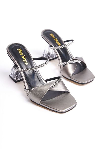 Shoesers Γυναικείες παντόφλες με διπλό ριγέ πέτρα με λεπτομέρεια με διάφανο τακούνι