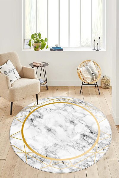 Lavita Home Dijital Baskı Yıkanabili Kaymaz Gold Yuvarlak Salon Halısı Mutfak...