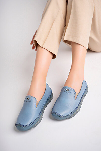 Deripabuc Hakiki Deri Kot Mavi Kadın Deri Babet Dp75-0700