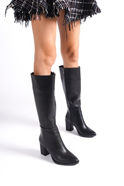 DS AYAKKABI Black Imported Leather Women's Heeled Boots