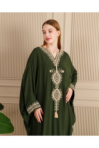 BeyzaBayram Large Size Embroidered Khaki Green Long Evening Dress - Loose Oversize