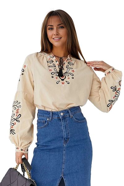 Cassime Vintage Μπεζ Ethnic Μπλούζα με Μπαλόνι Μανίκια - Κέντημα με Φούντες