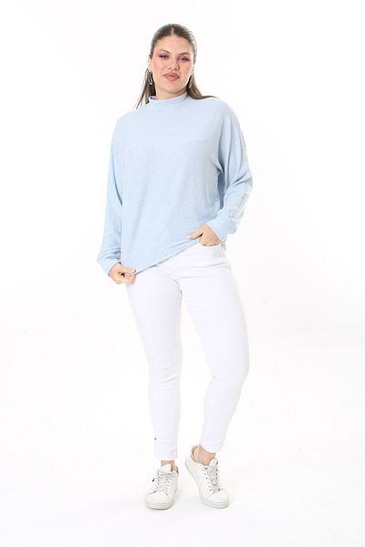 Şans Women's Plus Size Baby Blue Wool Viscose Fabric Bat Sleeve Blouse 65N37703