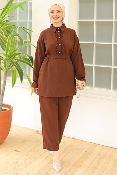 Bestenur Brown Ruffle Collar Tunic and Trousers Double Set 930