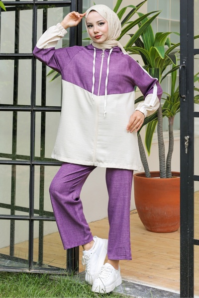 Bestenur Purple Hooded Tunic and Trousers Double Set - 932
