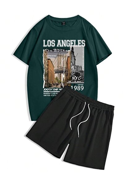 Hunors Sportswear & Company Los Angeles Printed Green Black Shorts T-shirt Σε...