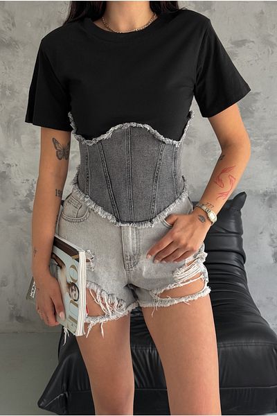 FEMELLE Tricou din bumbac decorat cu blugi albi - Fermoar lateral Femei