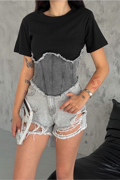 FEMELLE Tricou din bumbac decorat cu blugi albi - Fermoar lateral Femei