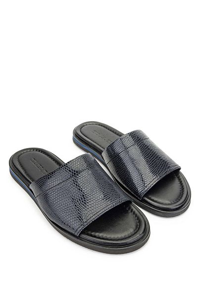 Tamer Tanca Navy Blue Genuine Leather Men's Flat Slippers