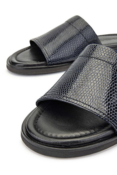 Tamer Tanca Erkek Hakiki Deri Lacivert Düz Terlik