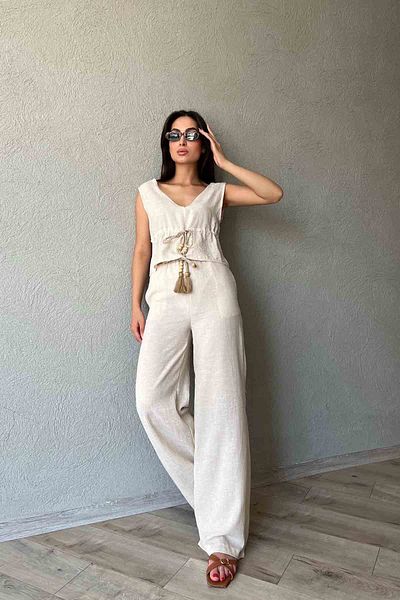 Seda Yalçın Atelier Straw Beaded Stone Color Trousers Set - Belt Detailed