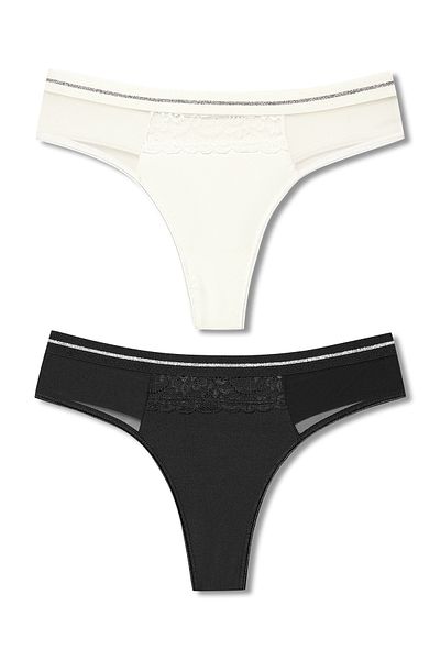 HNX Lace and Tulle Detailed 2 Piece Women's Thong Set