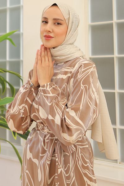 benguen 4037 Model Milk Coffee Patterned and Belted Dress