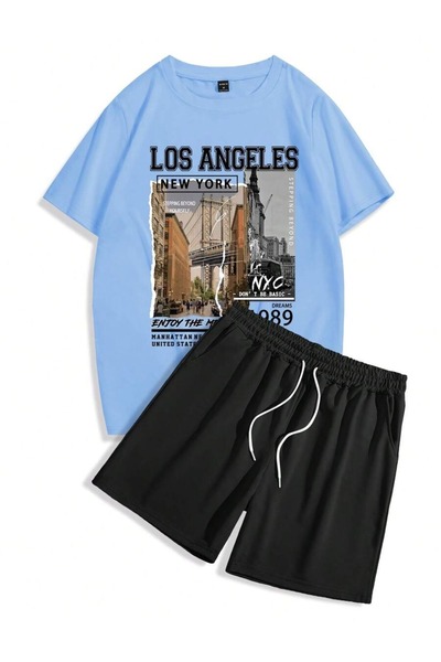 Hunors Sportswear & Company Los Angeles Printed Baby Blue T-shirt και μαύρο σ...