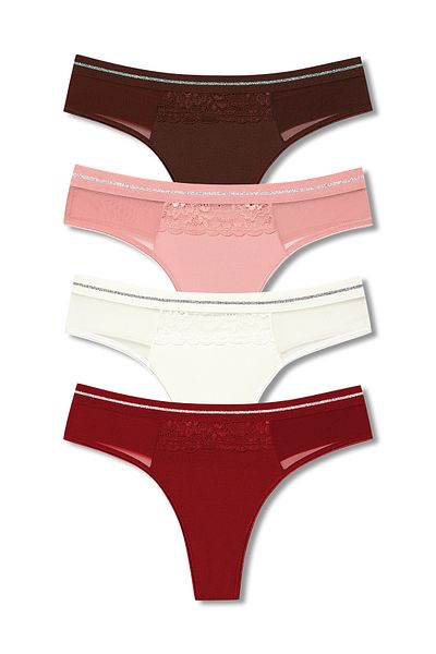 HNX 4-Piece Lace and Tulle Detailed Interlock Women's Thong Set