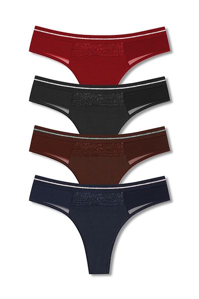 HNX 4-Piece Lace and Tulle Detailed Interlock Women's Thong Set