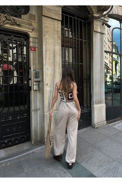 ÇEÇİM Linen Jumpsuit - Chest Embroidered, Elastic Leg, Loose Cut ZYN-58673