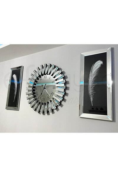 Efe Ayna PİYANO- 3'LÜ GÜMÜŞ SAAT & TABLO SETİ-KÜÇÜK(Duvar saati:65cm,Tablolar...