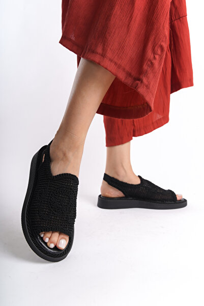 BAKGİY Sandale cu volan pentru femei - negru, cu elastic la spate BG1146-123-...