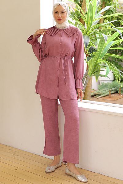 benguen 4044 Model Linen Set - Collar and Sleeves with Pleats, Dried Rose