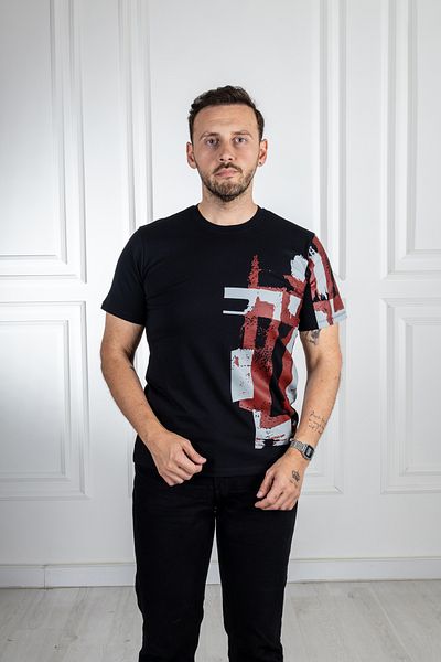 Sarar 0 Μαύρο T-Shirt με στάμπα γιακά - 100% βαμβακερό βασικό μοντέλο