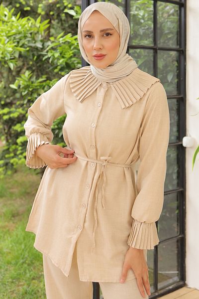 benguen طقم كتان 4044 - ياقة وأكمام مطوي، لون حجري
