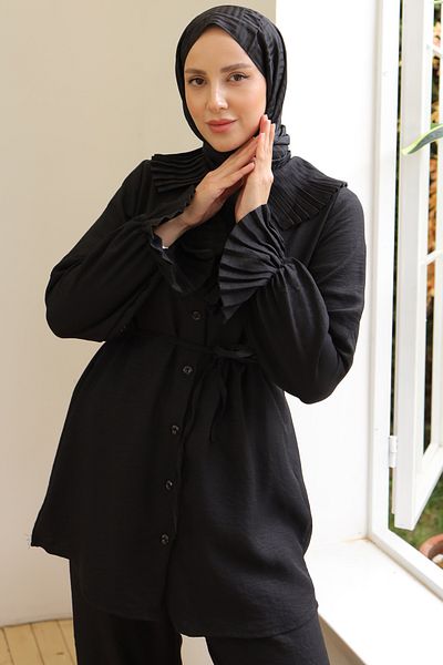 benguen 4044 Black Linen Set - Collar and Sleeves with Pleats