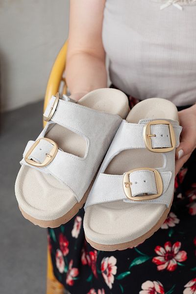 Adım Adım Genuine Leather Women's Slippers - Double Buckle, Daily Use