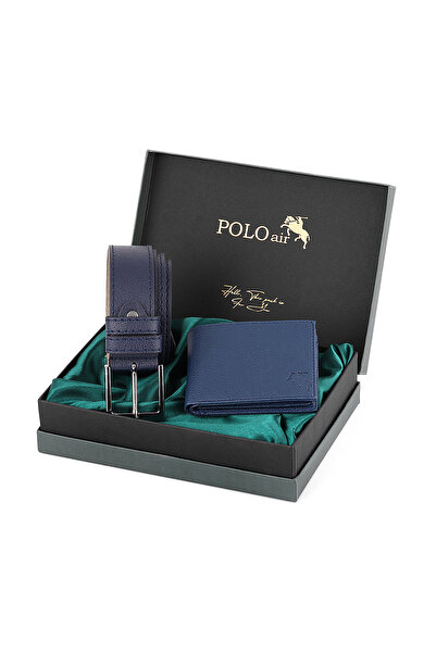 Polo Air Logolu Klasik Erkek Cüzdan Kemer Seti Lacivert Kombin  M-17-L