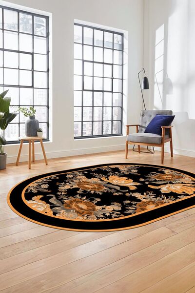 EY HOME Çiçek Desenli Dijital Kaymaz Taban Yıkanabilir Oval Yolluk Mutfak Sal...