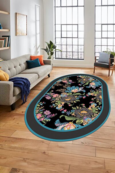 EY HOME Çiçek Desenli Dijital Kaymaz Taban Yıkanabilir Oval Yolluk Mutfak Salon Halısı