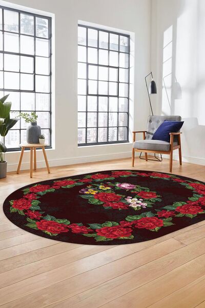 EY HOME Modern Çiçek Dijital Kaymaz Taban Yıkanabilir Oval Yolluk Mutfak Salo...