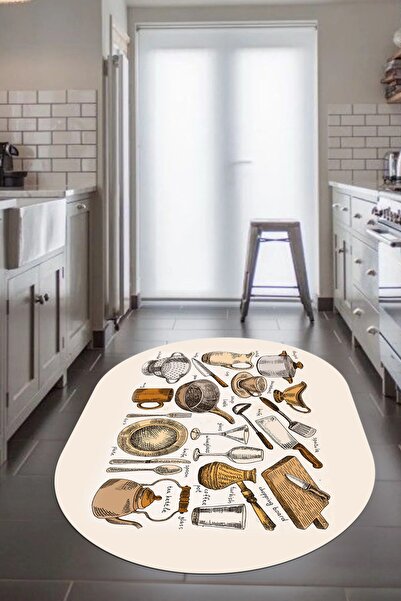 EY HOME Tencere Fincan Bıçak Tabak Bardak Desenli Yıkanabilir Oval Yolluk Mut...